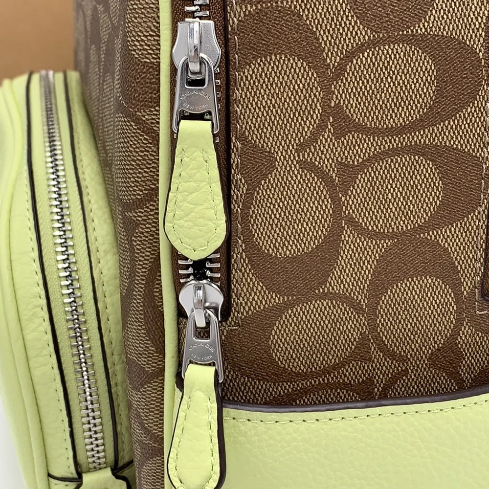 COACH NWT COURT BACKPACK IN SIGNATURE CANVAS KHAKI PALE LIME COLOR - Picture 11 of 16